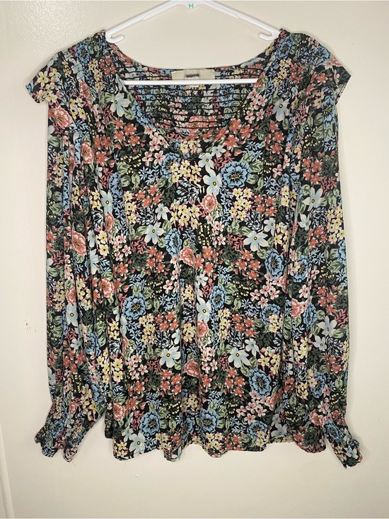 LOFT Tops - LOFT Black Multicolor Flowy Floral Long-Sleeve Blouse with Cinched Wrist SizeXXL